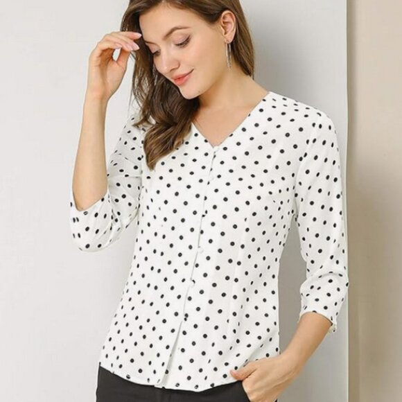 Allegra K Vintage Polka Dots 3/4 Sleeve Button Front V Neck Blouse Size M NWT - Picture 1 of 2